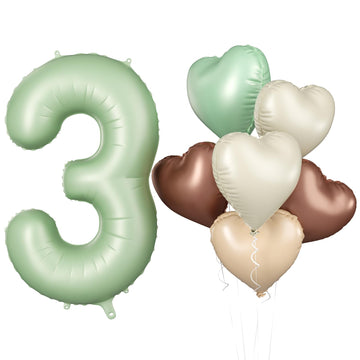 Biapian 40 Inch Sage Green Number 3 Balloons, Gaint Number 3 Balloon With 18'' Retro Foil Heart Balloons Helium For Neutral Boys