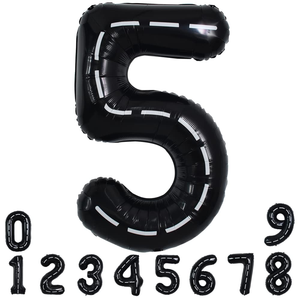 Toniful Race Car Black Balloons Car Birthday Party Supplies,40 Inch Giant Jumbo Helium Foil Mylar Big Number 5 Digital 5 Balloon
