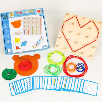 Yhzan Wooden Geoboard Graphing Peg Board Montessori Toddler Sensory Toy Colorful Rubber Bands Pattern Cards Preschool Learning G