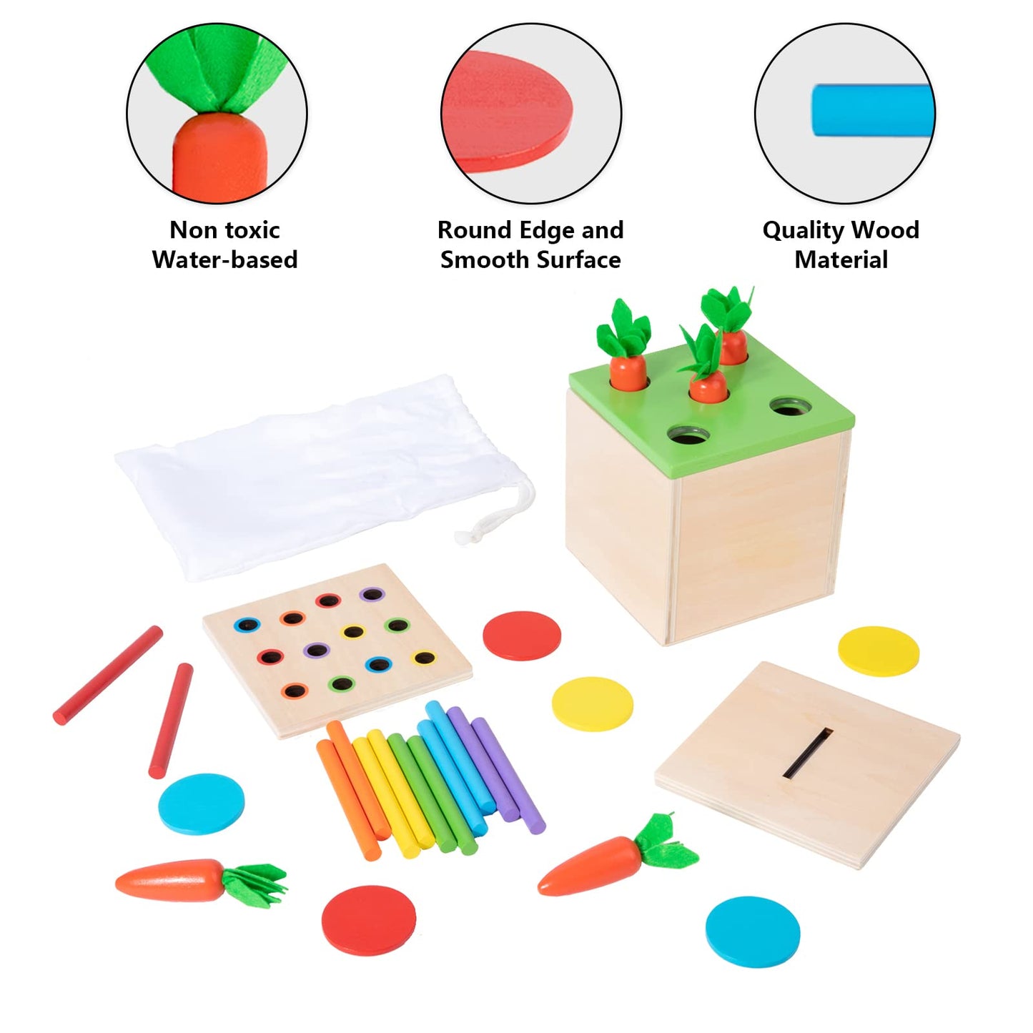 Wooden Montessori Toys For 1 2 3 Year Old Baby Gifts,Play Kit Box Includes Carrot Harvest Games, Montessori Coin Box For 6-12 Months And Fine Motor Skills Toys For 1 Year Old (3-In-1)