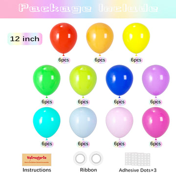 Voircoloria Balloons, 66Pack 12Inch Assorted Color Rainbow Latex Party Balloons For Wedding, Birthday, Graduation, Bridal Shower