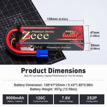 Zeee Premium Series 2S Lipo Battery 9000mAh 7.6V HV-Lipo 120C Hard Case Battery with EC5 Connector High Voltage Battery for RC 1