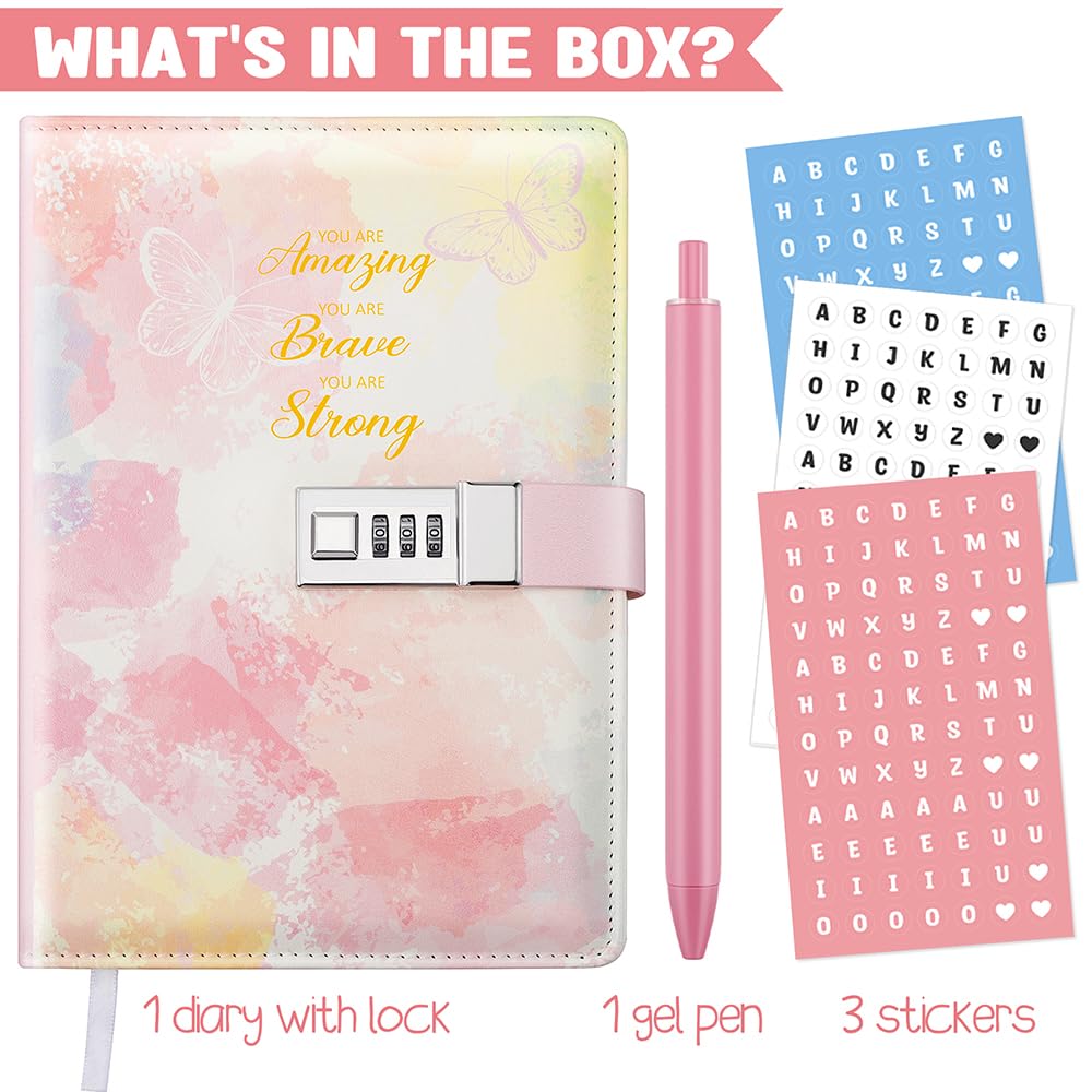 Nollh Diary With Lock For Girls And Women - 5.7 X 8.5 Inch Journal With Lock With Pen And Stickers, Birthday Gifts For 8-12 14 1