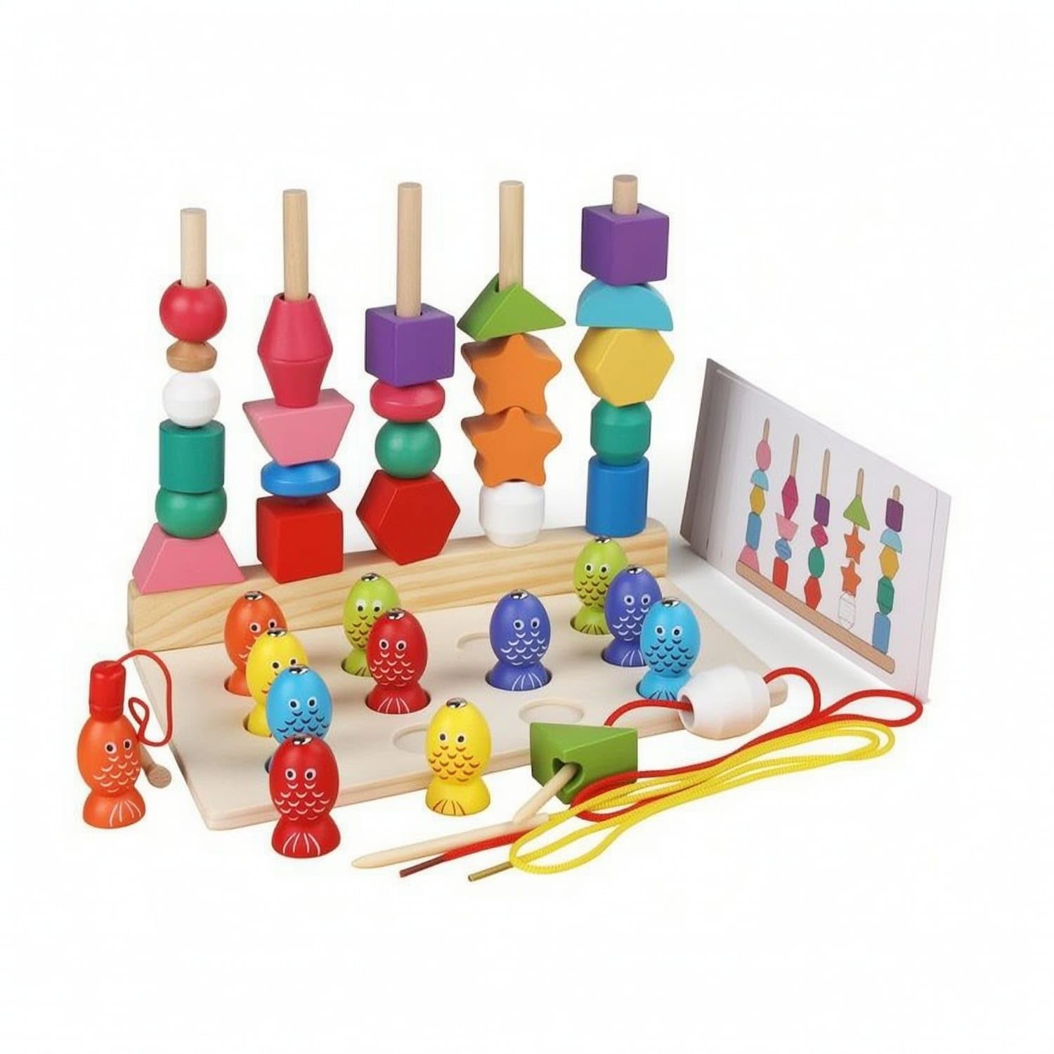 Zoomella Safe Wooden Sorting Toy With Fishing Game Early Learning Geometric Shape Stacker With Fishing Rod Educational Peg Board