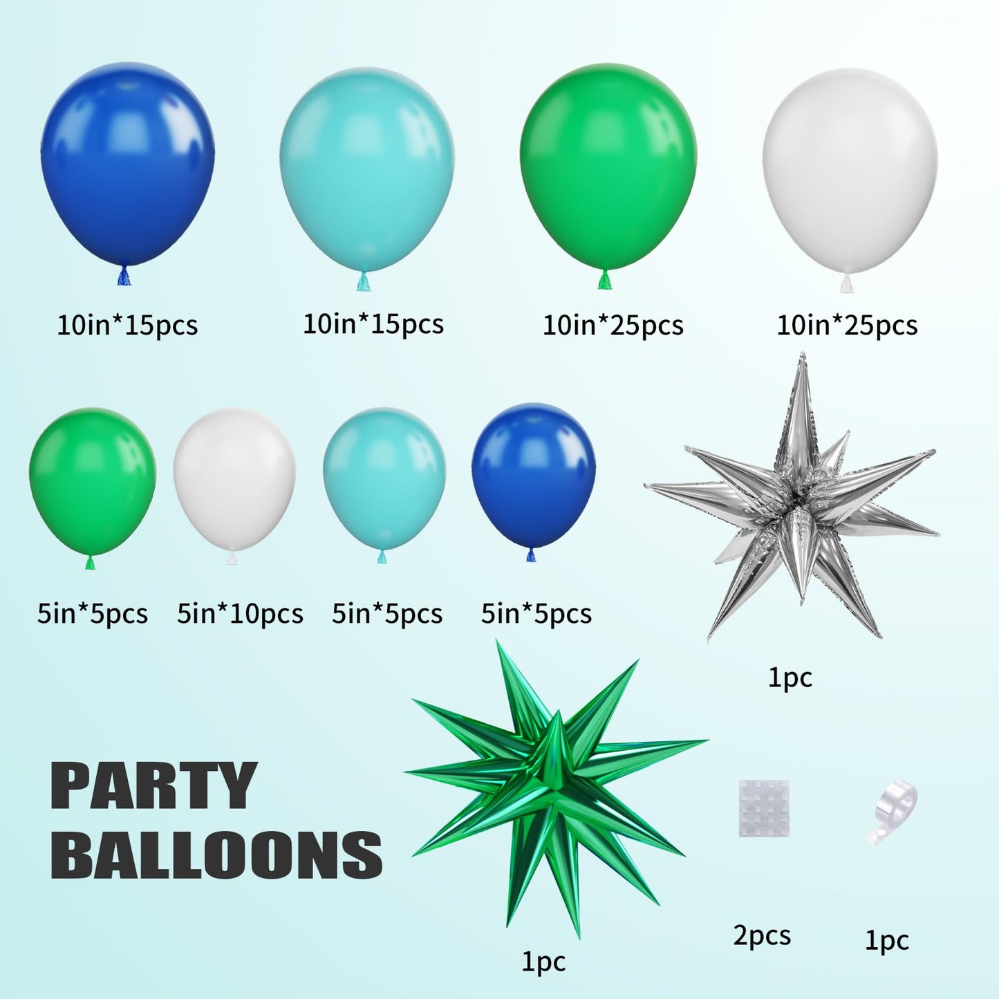 Blue Green White Balloon Arch Kit, Blue Green Balloon Arch With Green Blue White Latex Balloons, Green And Silver Star Foil Ball