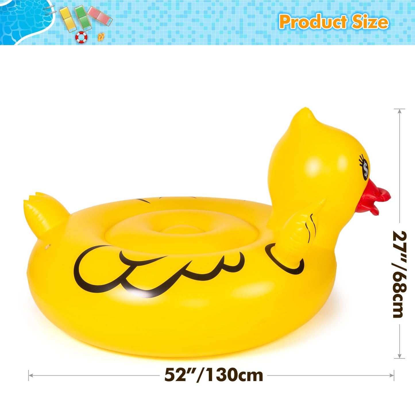 Float Joy Inflatable Duck Pool Float - Large 52" Rubber Duck Ride-On for Adults - Durable PVC - Perfect for Jeep and Pool Fun
