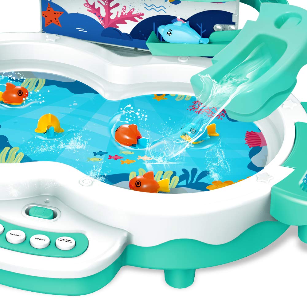 Magnetic Baby Fishing Toy Set, 3 In 1 Fishing Game For Toddlers & Kids With Slideway & Music Story, 10 Fish, 3 Dolphins, 2 Toy F