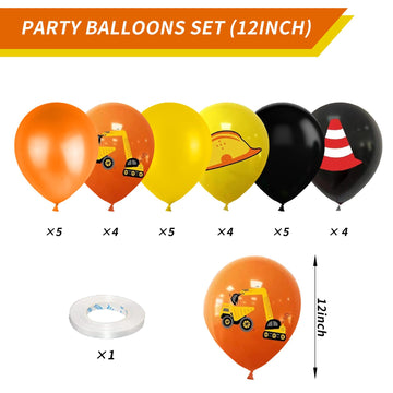 Construction Balloons, 12 Inch Black Orange Yellow Balloons,Excavator Helmet Warning Printed Latex Balloons For Construction Par