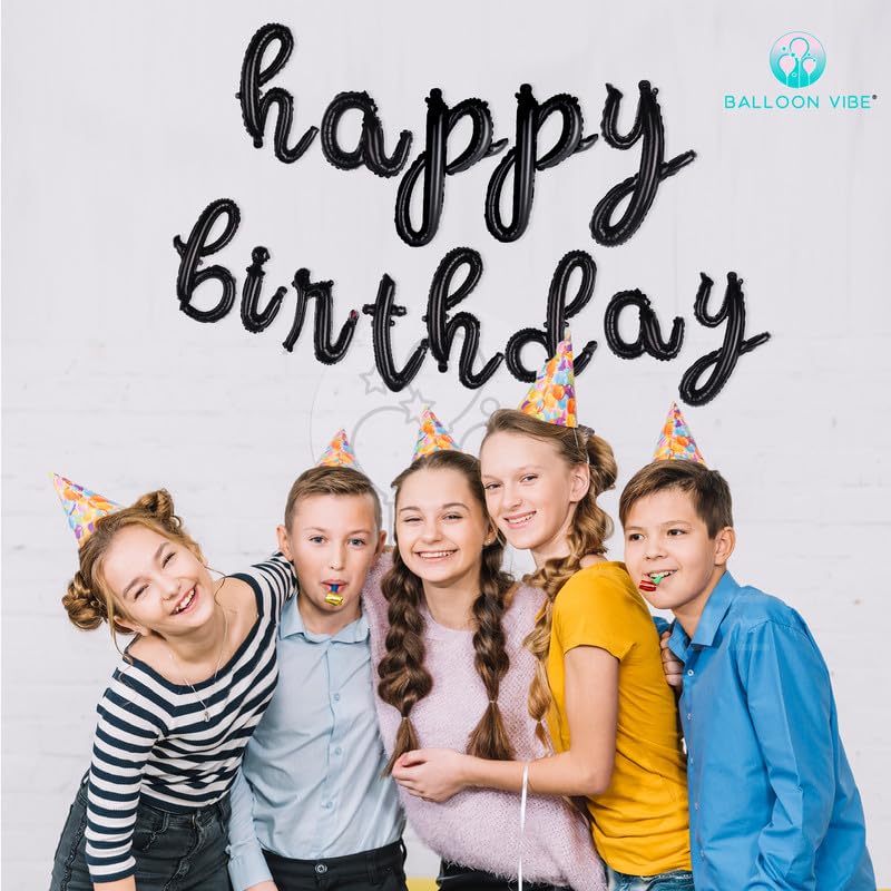 Balloon Vibe Happy Birthday Balloon Banner - Black 16 Inch Cursive Mylar Foil Letters Happy Birthday Banner For Birthday Decor -