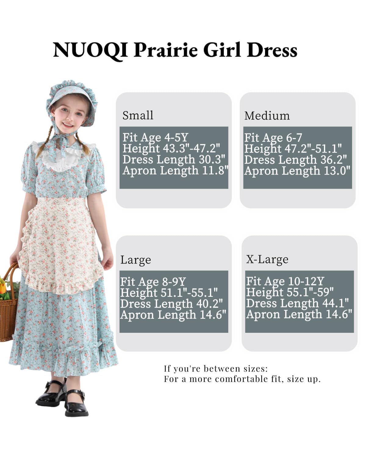 Nuoqi Prairie Dresses For Girls, Blue Laura Ingalls Wilder Costume Pioneer Colonial Dress With Apron, 6-7
