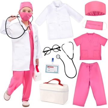 Toylink Doctor Costume For Kids Girls Halloween Doctor Dress Up With Lab Coat Carrying Bag Accessories Pretend Play Kit