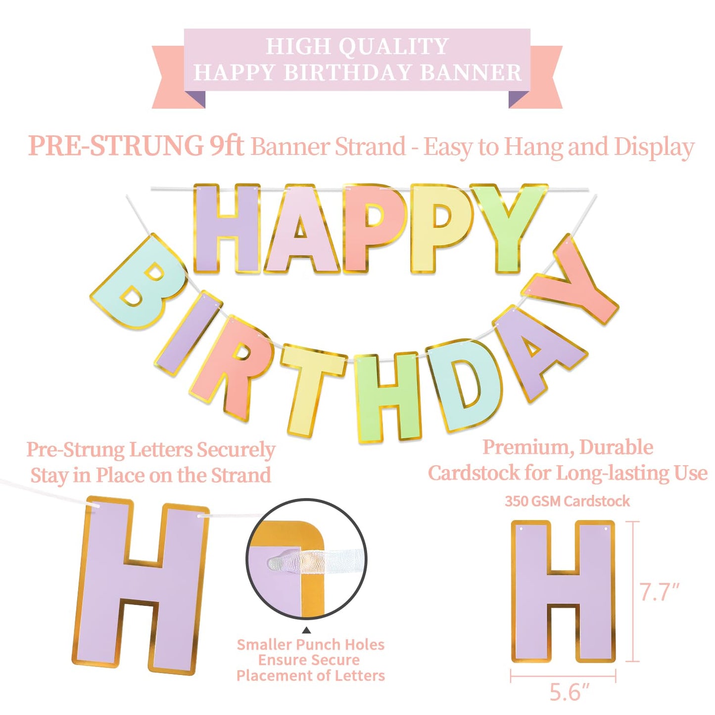 LITAUS, Birthday Decorations, NO DIY - Pack of 17 | Macaron Happy Birthday Banner, Honeycomb Balls, Swirls, Garland | Happy Birt