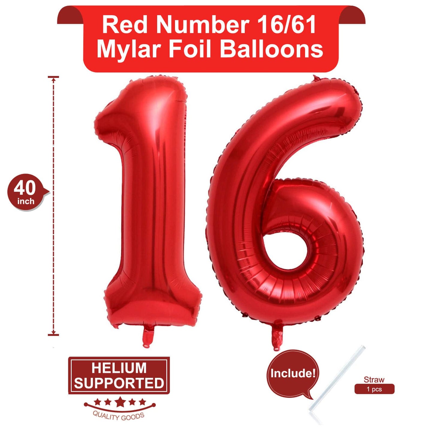 40 Inch Red 16 Number Balloons Giant 16 Or 61 Balloons Red Birthday 16 Balloons 16Th Birthday Anniversary Party Decorations Supp
