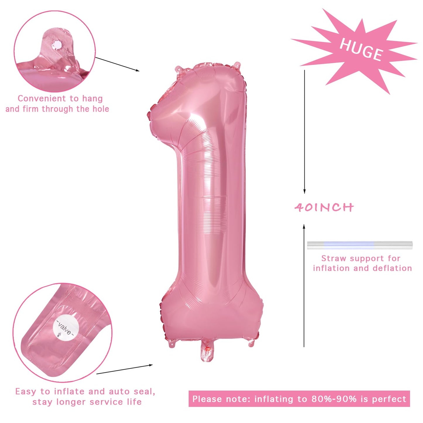 Vonokee 40 Inch Pink Giant Number Balloons 1, Jumbo Digital Foil Mylar Balloon For Birthday Party Wedding Anniversary Celebratio