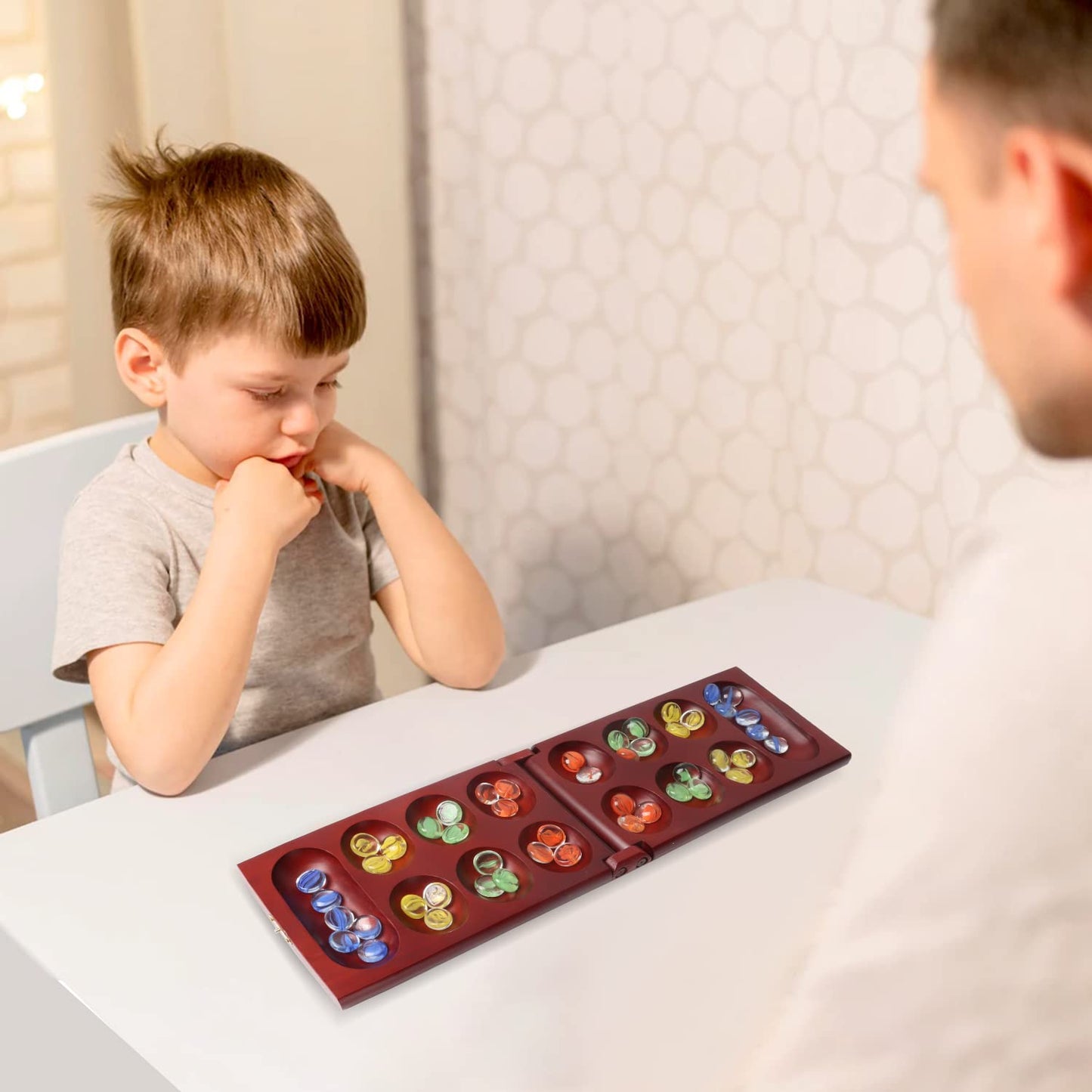 GSE Folding Wooden Mancala Board Game with Multi-Color Glass Stones and Storage Bag  Portable Family Travel Strategy Games Set for Kids & mature-themeds (Mahogany)