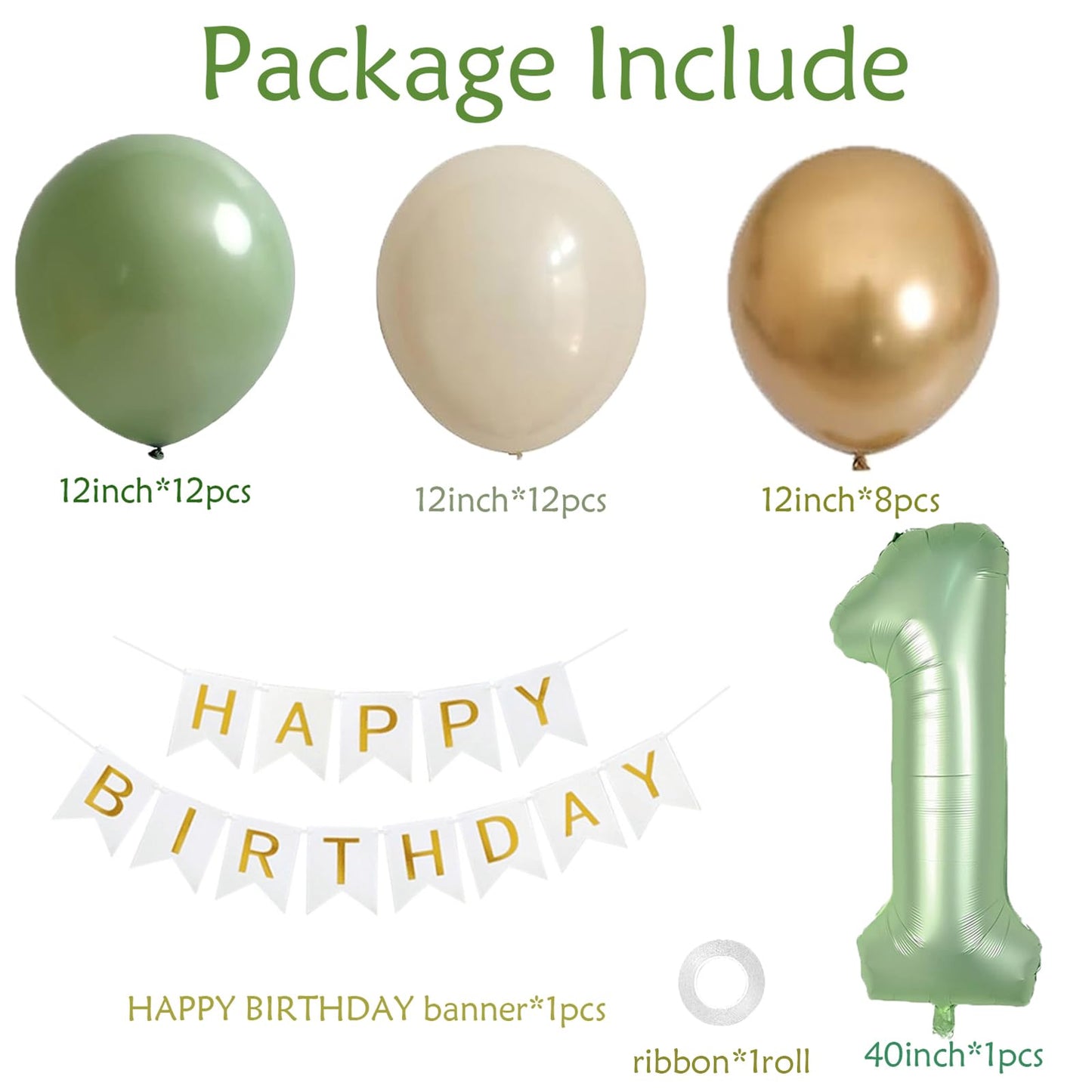 Sage Green First Birthday Decorations For Boys, 40Inch Olive Green Number 1 Balloon And Happy Birthday Banner Set With 12Inch Sa