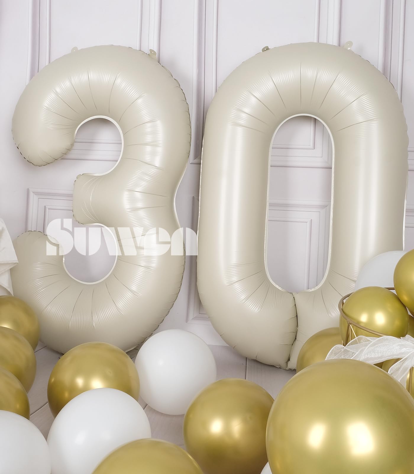 Suwen 40 Inch Large Cream White 30 Balloon Numbers Big Foil Helium Number Balloons 0-9 Jumbo Happy 30Th Mylar Birthday Party Dec