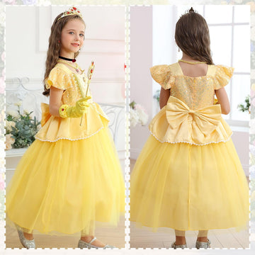 Luzlen Belle Costume For Girls Yellow Princess Dress Up Halloween Birthday Party Cosplay Outfits With Accessories Yellow, 7-8Y(Tag 150)