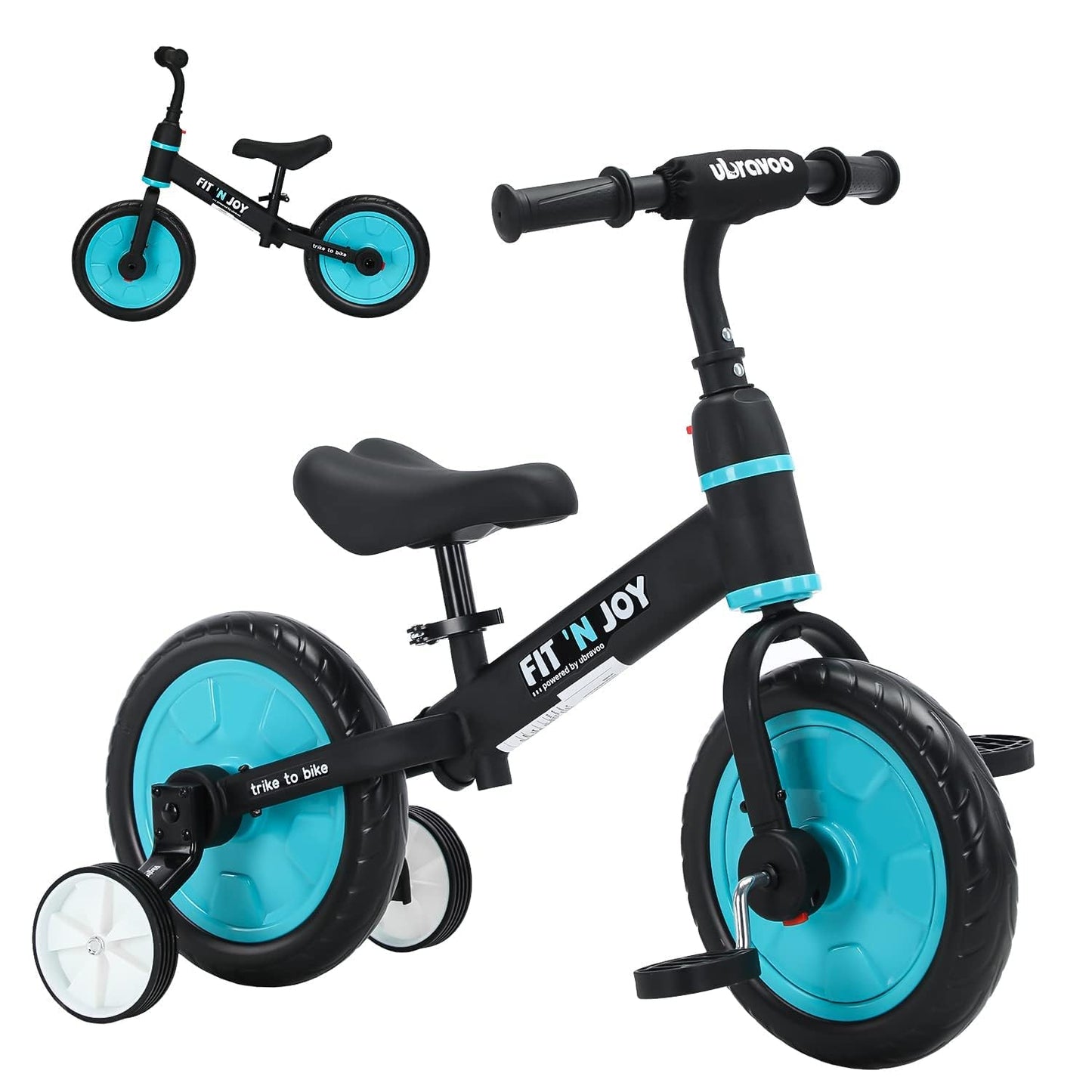Ubravoo Trike To Bike Riding Tricycles For Boys Girls 2-5, Fit 'N Joy Kids Balance Bike With Pedals & Training Wheels Options, 4-In-1 Starter Toddler Training Bicycle (Blue-Black)