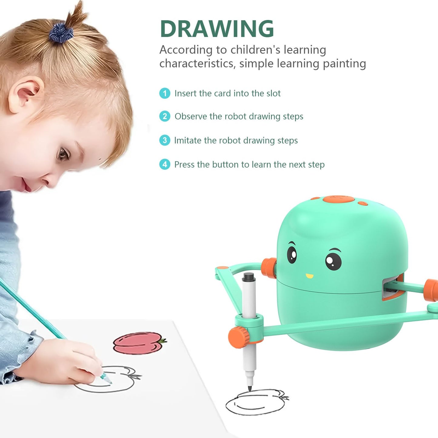 Interactive Educational Drawing Robot For Kids - Montessori Learning Toy With 100 Word Cards, Voice Interaction, Ages 5+ (Green)