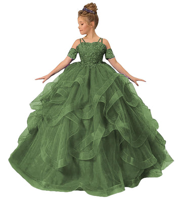 ZPVP Olive Green Long Girls Pageant Dress Ruffles Princess Flower Girl Dress Beaded Appliques Tulle Wedding Party Costumes US4