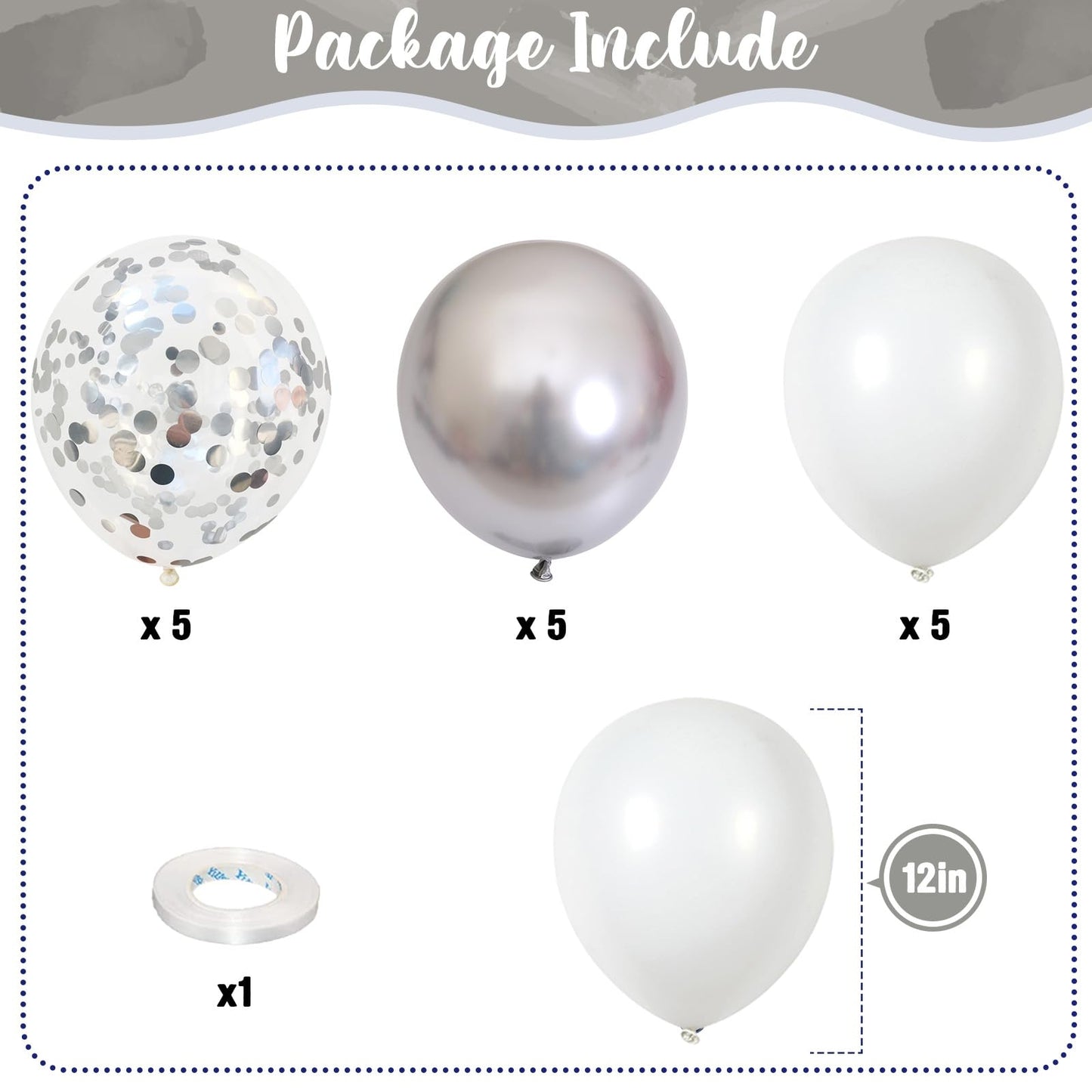 Silver And White Balloons, 12 Inch Metallic Silver White Latex Balloons Set Decor With Silver Confetti Helium Balloons For Boys