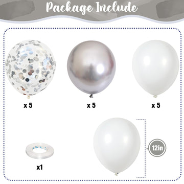Silver And White Balloons, 12 Inch Metallic Silver White Latex Balloons Set Decor With Silver Confetti Helium Balloons For Boys