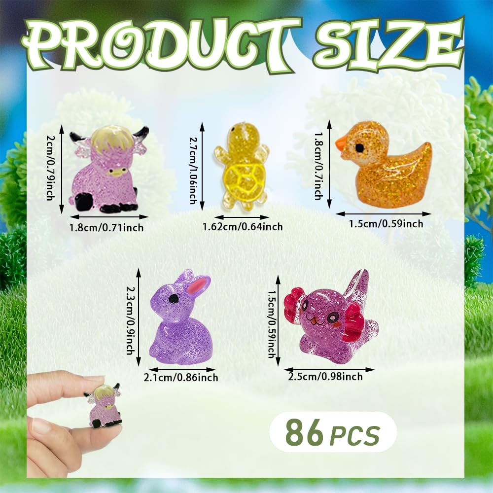 AWEELON Mini Resin Animal Figurines Set, 86pcs, Glitter & Glow, 0.67" H, Multicolor, Aquarium Dollhouse Decor, Model 271