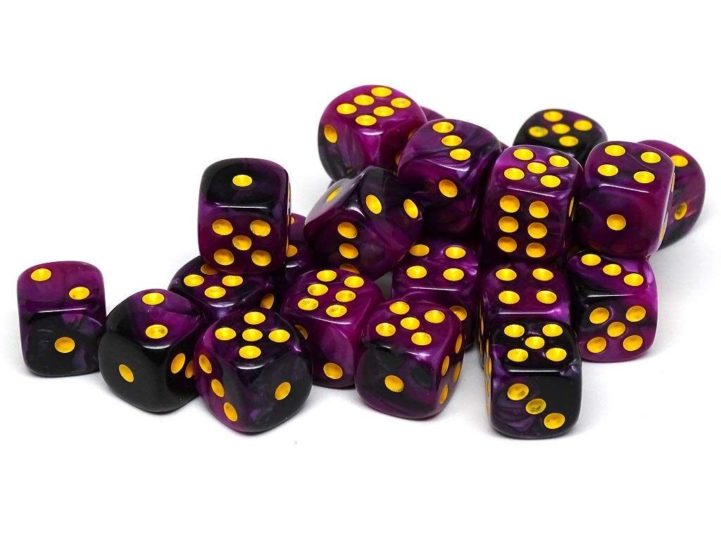 25 Count Pack of 12mm D6 Dice - Matching Collection of 6 Sided Dice with Pips (Purple and Black Swirl)