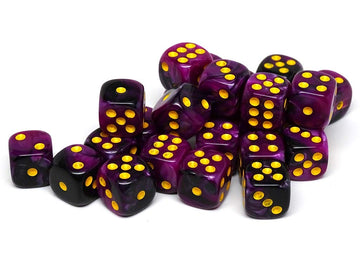 25 Count Pack of 12mm D6 Dice - Matching Collection of 6 Sided Dice with Pips (Purple and Black Swirl)