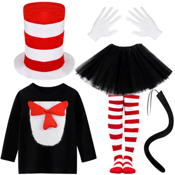 Jchrmers Cute Cat Costume Accessories Top Hat In Red And White Striped Sleeve Tutu Skirt Socking Gloves Tail For Read Book Day (