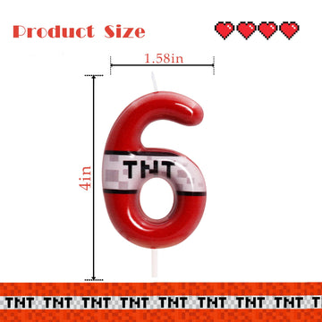 TNT Themed Birthday Candles for Boys Girls, Craft Pixels Cake Topper, Kids Themed Birthday Party Supplies (Number 6-Red)
