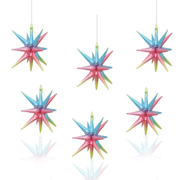 6 Pcs Multicolor Star Foil Balloons One-Piece 14-Pointed Star Balloons 4D Starburst Cone Mylar Balloons 22Inch Christmas Birthda