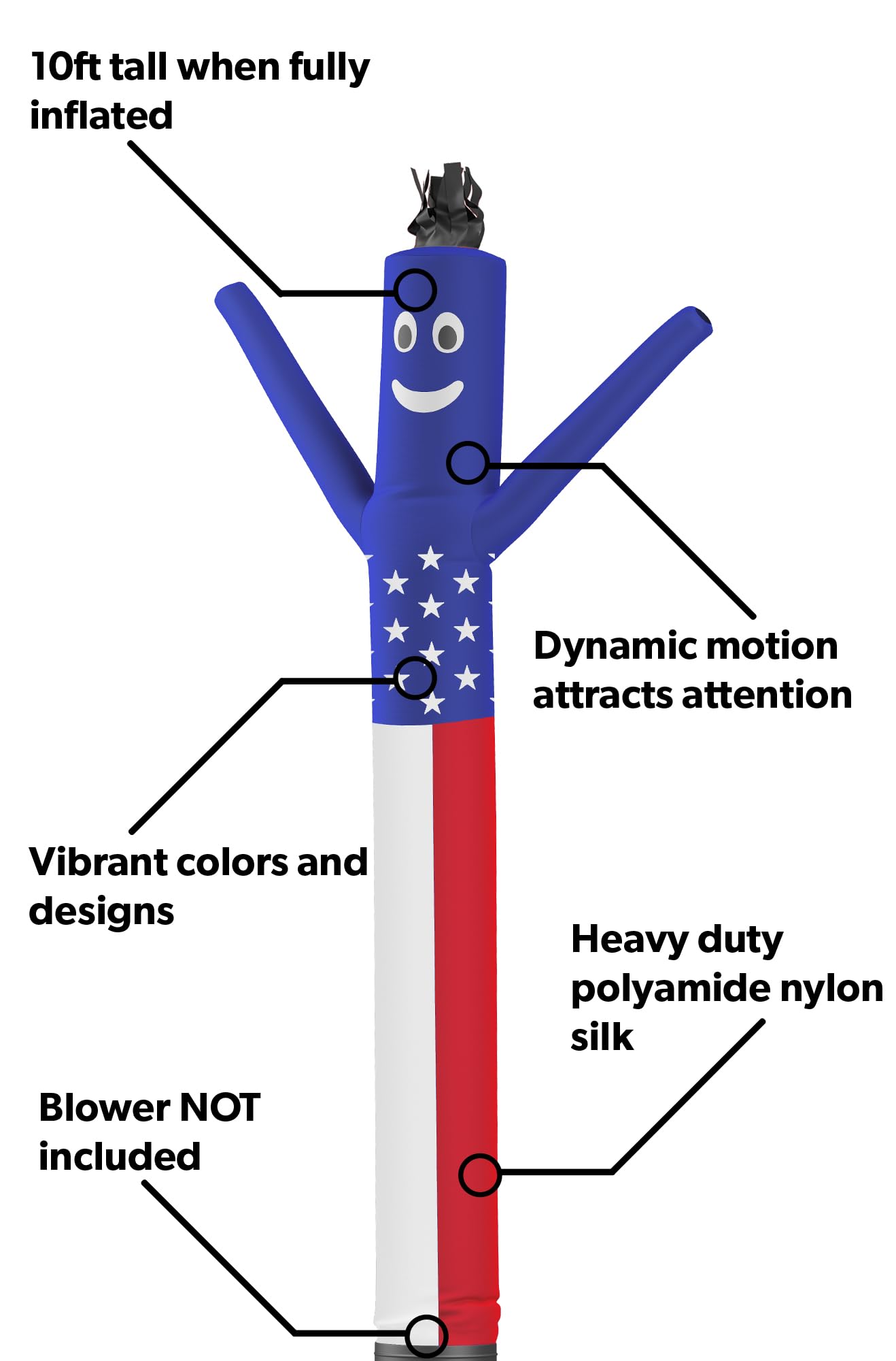 LookOurWay Air Dancers Inflatable Tube Man Attachment - 10 Feet Tall Wacky Waving Inflatable Dancing Tube Guy for Business Promotion (Blower Not Included) - American Flag