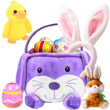 Easter Bunny Basket With 3 Rabbit Duck Keychains 1 Ears, Cute Plush Handle For Baby Girls Boys Party Favors, Gifts Bag Hunt Bag, Decorations Supplies