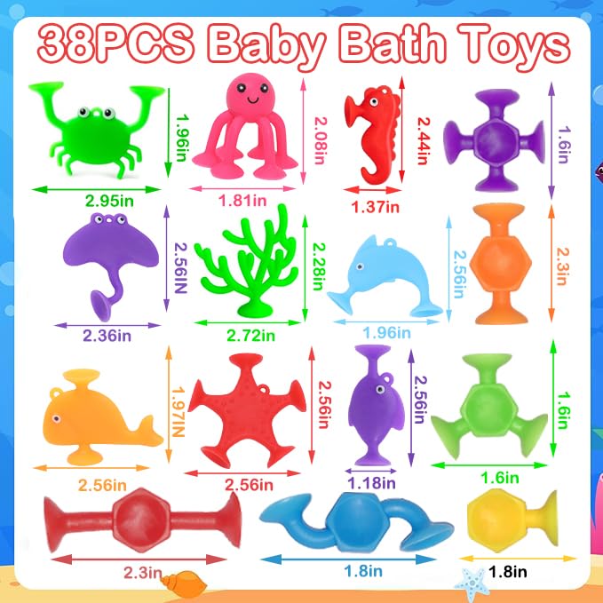 Bath Toys For Kids, 38 Pcs Suction Cup Bath Toys Silicone Ocean Animal Bath Tub Toys For Kids Ages 4-8 Window Building Bath Suct