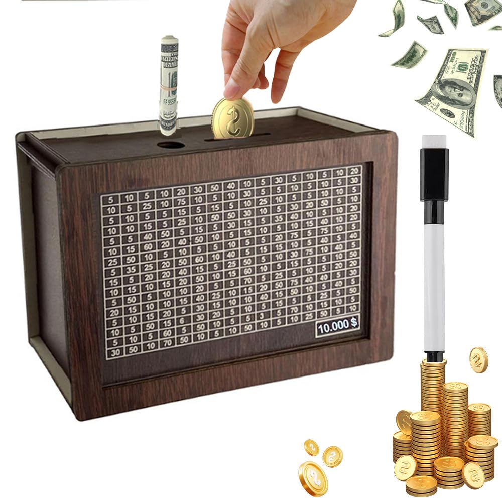 Cash Vault Wooden Savings Box,Kakeibo Money Box, Wooden Savings Box With Money Target And Numbers Best Gift For Friends (Brown,