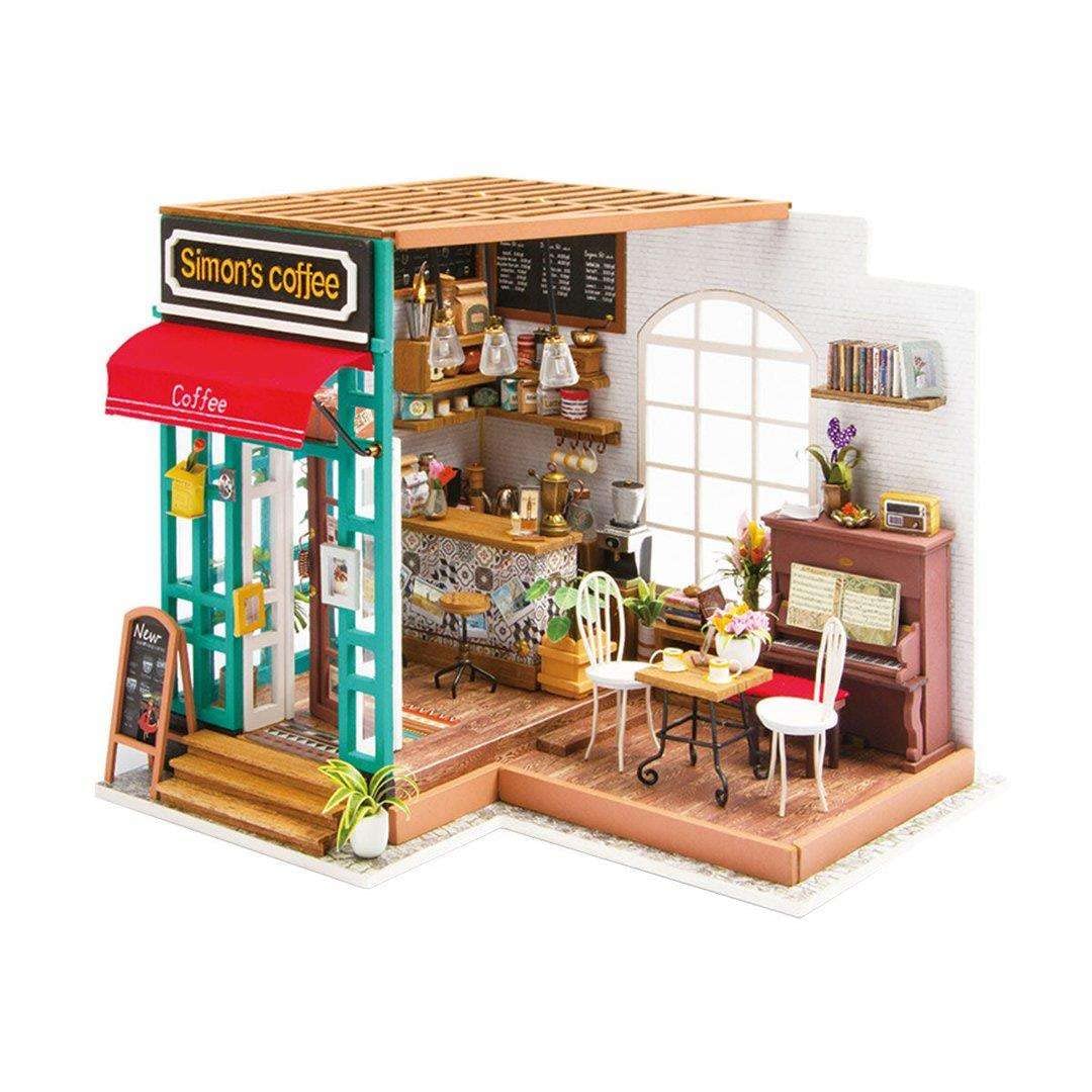 Robotime 3D DIY House Kit Cafe House with LED Light Model Making Miniature Woodcraft Dollhouse Puzzle Challenge Gift Set (Simon