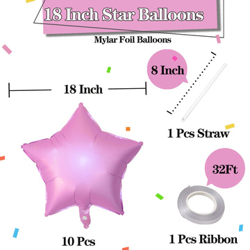 Kalor 18 Inch Pink Star Mylar Balloons, 10 Pcs Star Shape Foil Balloon Helium Balloons For Wedding, Baby Shower, Birthday Party Decorations