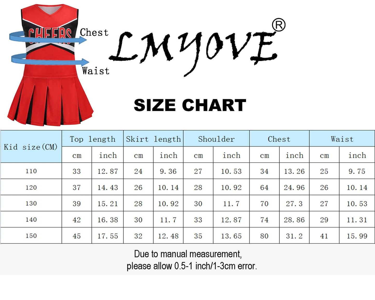 Lmyove Cheerleader Costume For Girls, Cheerleading Outfit For Kids With Pom Pom, Child Halloween Costume Dress Uniform, Red & Black, 10-11Y