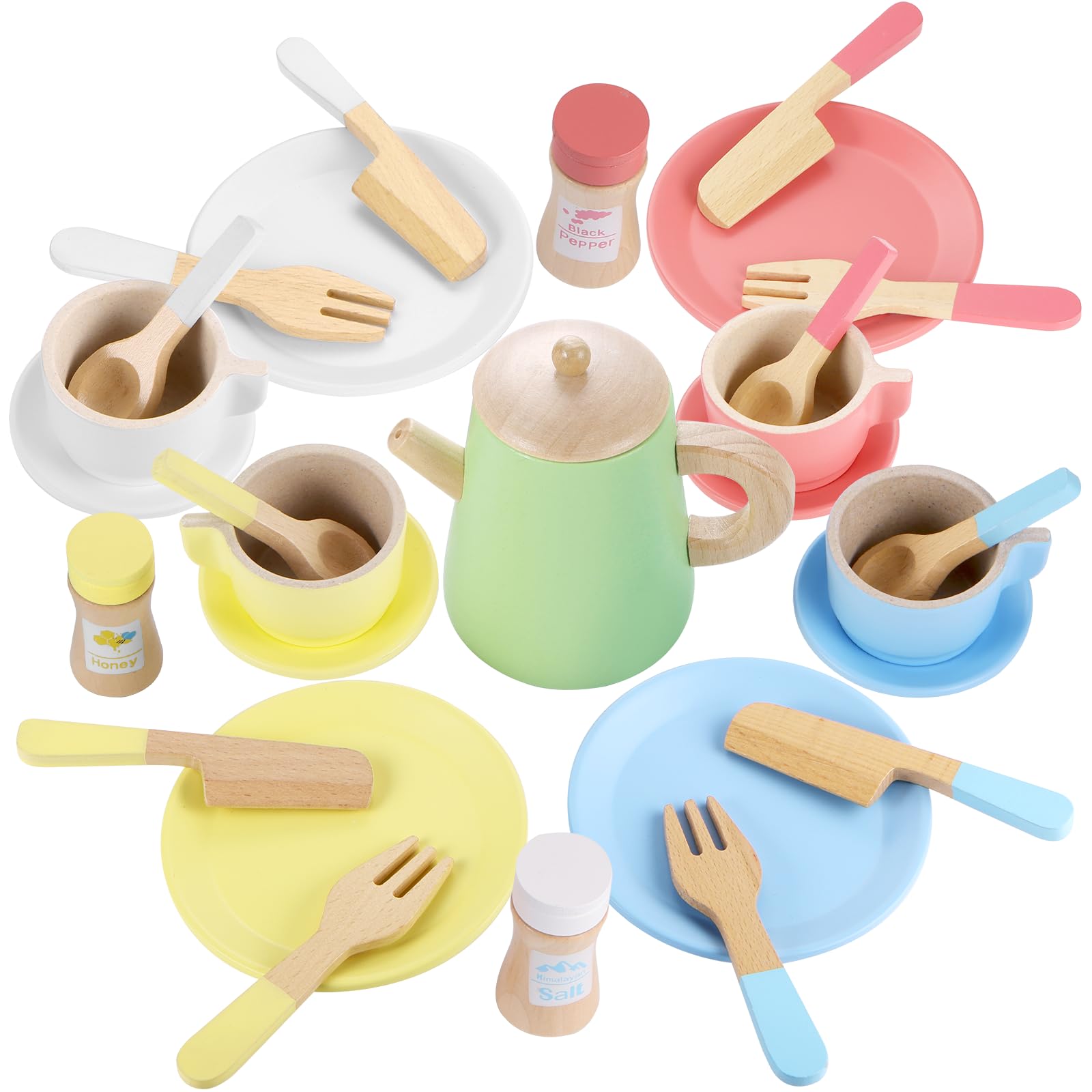 Gagaku Wooden Tea Set And Wooden Play Dishes 2 In 1 Play Food Set Toy 28 Pcs Montessori Wooden Play Kitchen Accessories Kitchen 