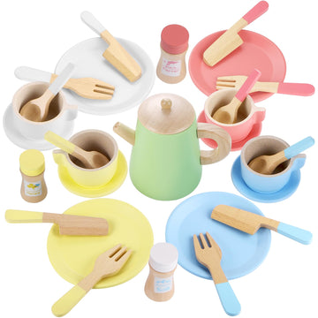 Gagaku Wooden Tea Set And Wooden Play Dishes 2 In 1 Play Food Set Toy 28 Pcs Montessori Wooden Play Kitchen Accessories Kitchen 