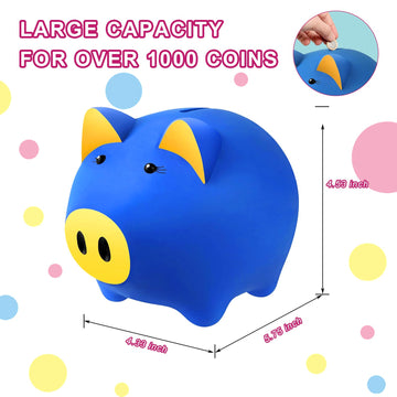 Laebuild Piggy Bank For Kids - Cute Piggy Bank For Boys And Girls - Unbreakable Plastic Money Bank - Pig Shape Coin Bank - Children'S Toy Safe Fluorescent Gift Savings Jar - Dark Blue
