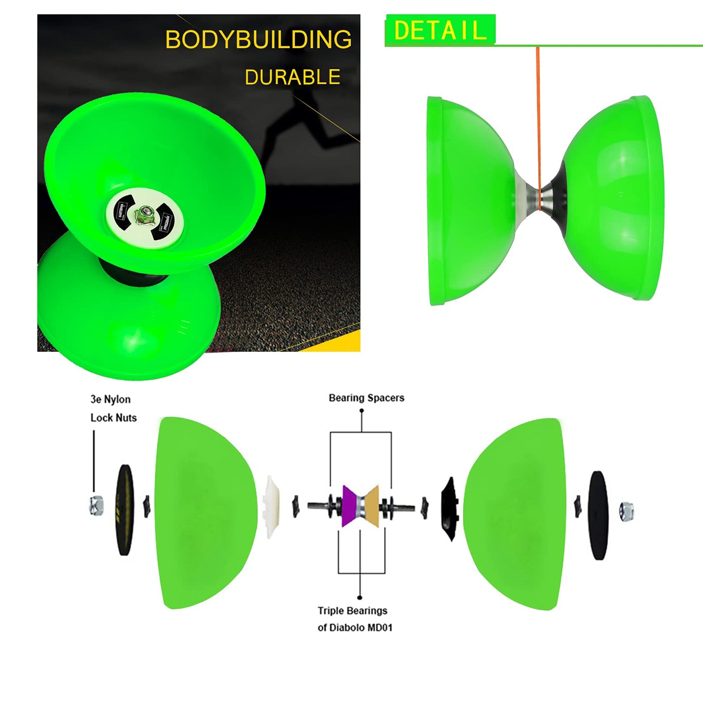 Magicyoyopro Triple Bearing Green Diabolo Medium Size 5” Chinese Yoyo Toy With 2 Pair Carbon Sticks+ 2 Extra Strings +1 Net Bag, High Performance Chinese Yoyo Diabolo Skill Toy