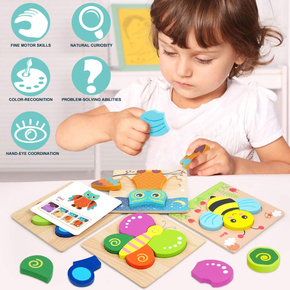 Toddler Puzzles, Wooden Jigsaw Animals Puzzles For 1 2 3 Year Old Girls Boys Toddlers, Educational Preschool Toys Gifts For Colors & Shapes Cognition Skill Learning