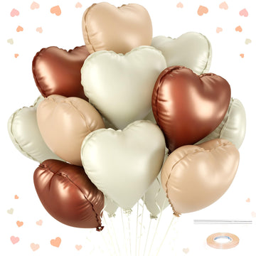 12 Pcs Heart Balloons, 18 inch CreamBrown Heart Shaped Balloons, Big Heart Helium Balloons, Neutral Heart Foil Balloons for Wedd
