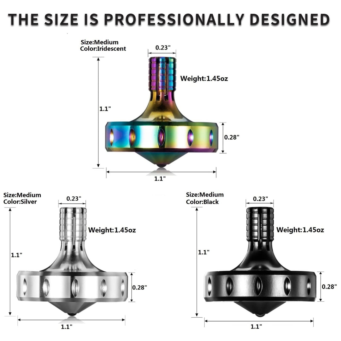 CHEETOP Precision Metal Spinning Top  Long Lasting Spin Time and Perfect Balance  Skilled mature-themed Easily Exceed 10 Mins  Portable Stainless Steel EDC Desktop Toys (3PCS M  Black+Silver+Iridescent)