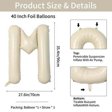 Biapian 40 Inch Letter M Balloons, Giant Cream M Foil Balloon, Big Single Alphabet A-Z Balloons, Beige Large Aluminum M Balloons