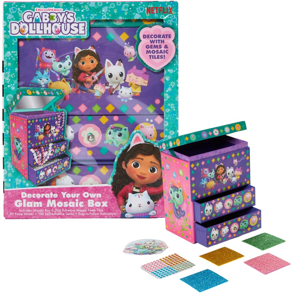 Innovative Designs Gabbys Dollhouse DIY Jewelry Box for Girls, Mosaic Tiles, Adhesive Gems, and 3D Foam Sticker