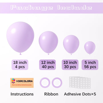 Voircoloria 130Pcs Pastel Purple Balloons Different Sizes 18'' 12'' 10'' 5'' Light Purple Latex Balloon Garland Arch Kit For Bir